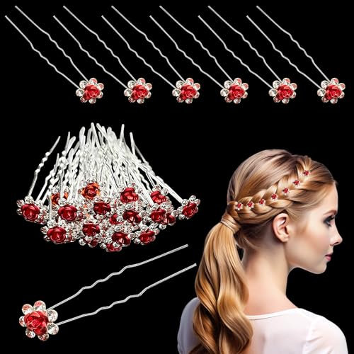 Trimming Shop Diamante Plaqué Argent Cristaux Mousseux Rose Fleur Épingles À Cheveux Clips Bijoux De Cheveux pour Mariage Coiffure De Mariée, Fête De Bal (Rouge, 40pcs)