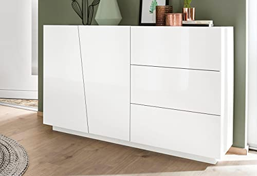 Dmora - Kommode Italo, Küchen-Sideboard mit 2 Türen und 3 Schubladen, Wohnzimmer-Buffet, 100 % Made in Italy, 141 x 43 x 86 cm, glänzendes Weiß,