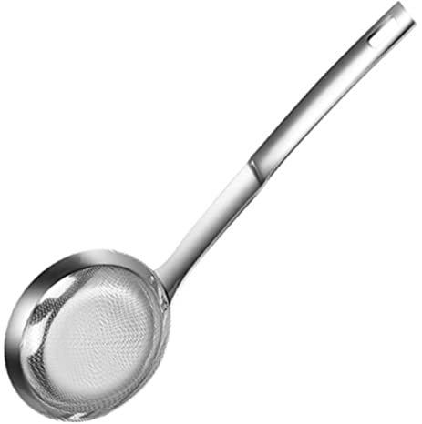 A/A Colador colador con mango largo, antideslizante, sin calor, agarre cómodo, colador de alimentos, cuchara espumadora para pasta de quinoa, enjuague de verduras, colador de malla fina de acero