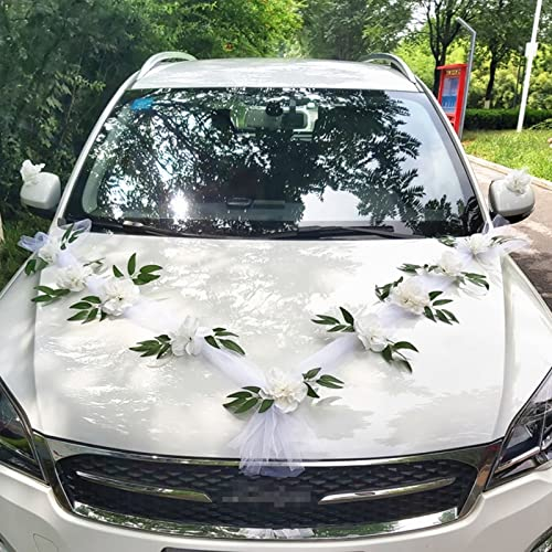 Autoschmuck Hochzeit Motorhaube, Hochzeitsdeko Auto Prächtige Set (mit 2 Autoschleifen Hochzeit Schleife + 9 Blumen) Deko Hochzeit für Alle Automodelle Schleife Herz Vintage Girlande Starkem Saugnapf