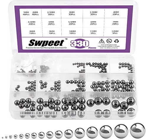 Swpeet 330 Stück 16 Größen 1 mm 2 mm 2,5 mm 3 mm 3,5 mm 4,5 mm 5,5 mm 6 mm 7 mm 8 mm 9 mm 10 mm 11 mm 12 mm metrischer Stahl lose Fahrradlager Stahlkugel