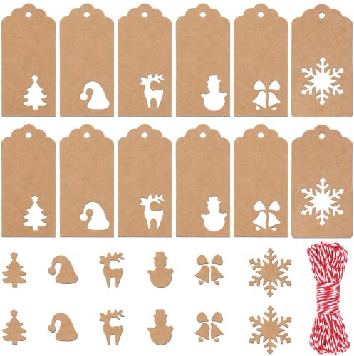 120 Stück Weihnachts Geschenkanhänger Weihnachten Etiketten aus Kraftpapier mit Seil,handgemachte DIY Christbaumschmuck Ornamente (Braun)