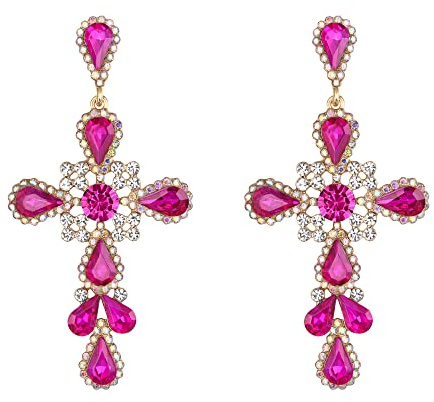 EVER FAITH Große Kreuz Ohrringe für Damen Mädchen Strass-Kristall Vintage böhmischer Boho lange Ohrstecker Fuchsia