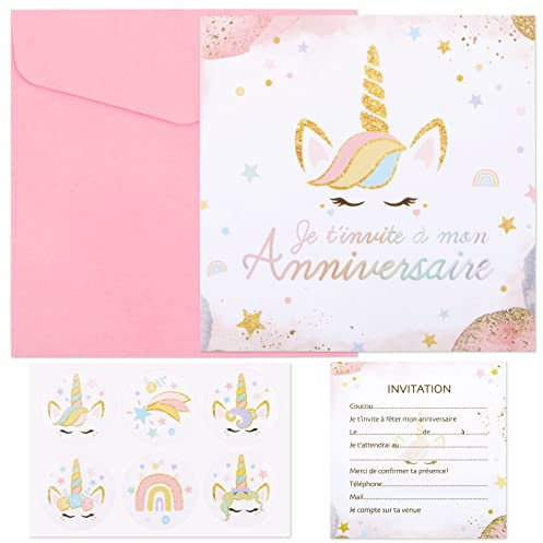 6PCS Licorne Carte Invitation Anniversaire Fille et 6PCS Enveloppes Roses et 6PCS Licorne Stickers Autocollant Correspondance Kits Invitation Anniversaireen Français pour Enfants Garçons Filles