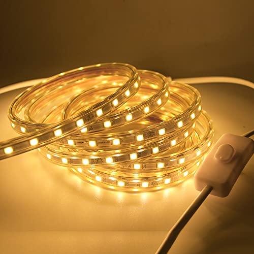 Ruban LED avec Interrupteur 230V, HEGEHE Bandeau LED IP65 Etanche Découpable Flexible Bande LED Lumière pour Chambre, Armoire,Maison,Cuisine, Décoration (Blanc chaud, 20M)