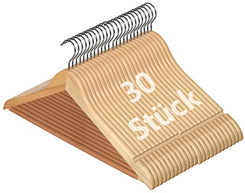 Ribelli Kleiderbügel Holz, 30 Stück, Anzugbügel Jackenbügel mit 360 Grad drehbarem Haken & runder Hosenstange & Schulterkerben, Holzbügel Bügel Geeignet für Mantel, Jacke, Anzug, Hosen, Hemden
