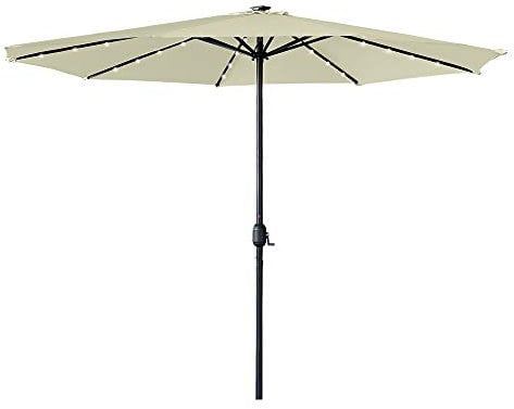 TRMLBE Sonnenschirm 350 cm mit Kurbel Strandschirm Windfest Stabil mit LED Beleuchtung Solar UV-Schutz Marktschirm Gartenschirm Balkonschirm für Terrasse Garten Strand - Beige