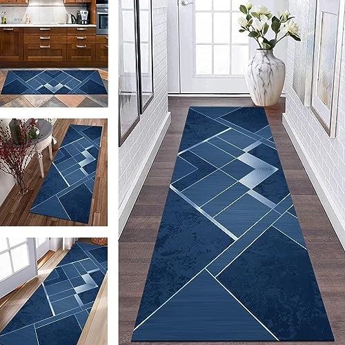 Teppich Läufer Lang Flur Küche rutschfest waschbar Küchenläufer Polyester 120X500CM Korridor Teppichläufer Blau Geometrisch Schlafzimmer Wohnzimmer Küchenteppich Meterware Teppichmatten Flurläufer