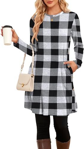 NARRAME Robe Pull pour Femme Printemps-Automne à Manches Longues Boutons décontractés sur Le côté avec Poches Grand Carreaux Blancs et Noirs