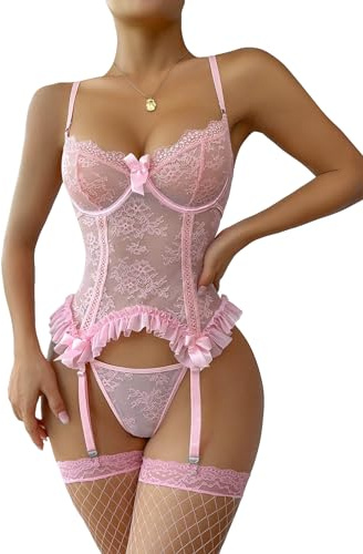 WDIRARA Women's Sexy Floral Lace Garter Bustier Lingerie Set