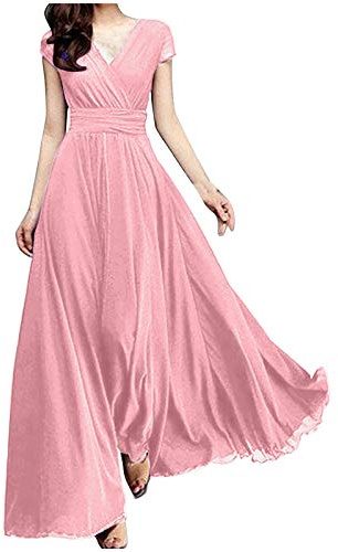T Shirt Robe en Mousseline de Soie à Manches Courtes et col en V pour Femmes Robe Bleue