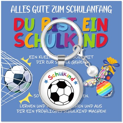 DPKOW Geschenk Einschulung Junge Schultüte Füllung, Schutzengel Glücksbringer Schulanfang Fußball Geschenke für Junge Schulkind 2025 Geschenke Schutzengel Fußball Schlüsselanhänger mit Grußkarte