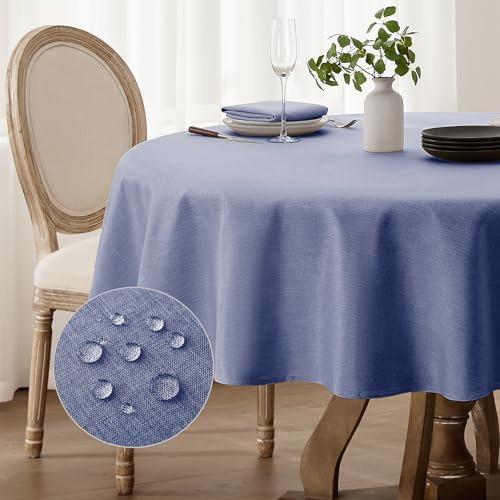 Softalker Tischdecke Blau Rund 160 cm Durchmesser abwaschbare Tischdecken Leinenoptik Tischtuch Wasserabweisende Gartentischdecke Klein Table Cloth für Herbst Outdoor, Hochzeiten, Party, Weihnachten