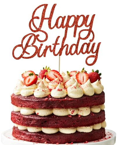 RIBBOOO 1 Pack Red Happy Birthday Cake Topper Glitter Cake Decoration for Men Women Party Supplies