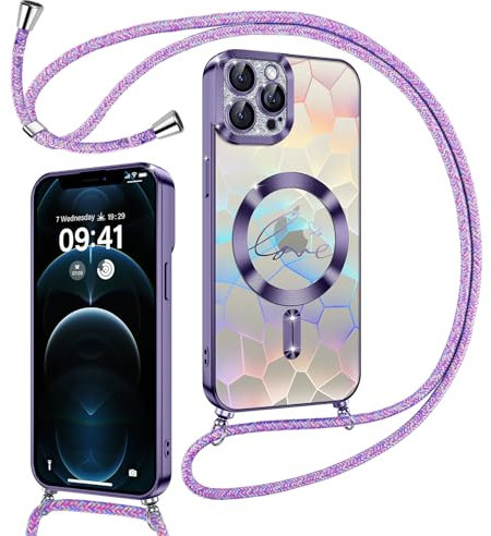 Kokio Magnetische Glitzer Handykette für iPhone 12 Pro Max Hülle mit Band [Kompatibel mit MagSafe] Kameraschutz Durchsichtig Handyhülle für Mädchen Stoßfeste Schutzhülle für iPhone 12 Pro Max Lila