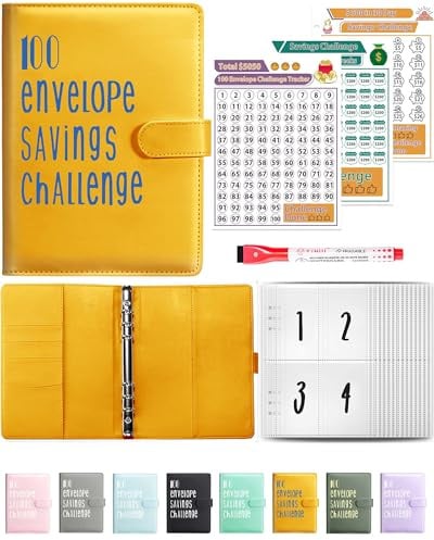 JEJA 100 Ordner Saving Challenge, Budget Planner, sparen 5050€, Sparbuch für Geld Sparen Challenge, Budgetblättern, Etikettenaufklebern, löschbarer Stift, Orange