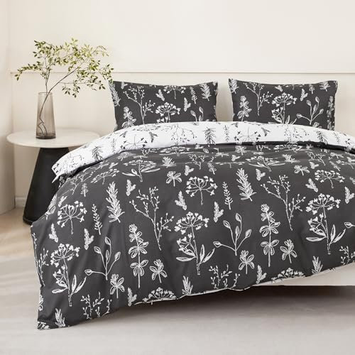 Jemiipee Bettwäsche 220x240 cm Weiß Anthrazit, Bettwäsche-Set mit Blumenmuster, Bettbezug 220 x 240 Kissenbezug 80x80, Deckenbezug Wendebettwäsche Weich mit Reißverschluss