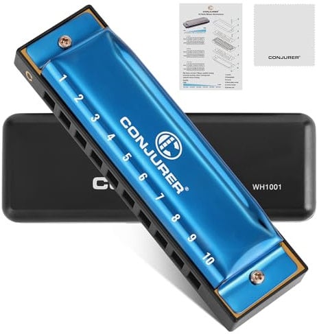 Conjurer Blues Harmonica diatonique en Do majeur pour débutants et enfants - 10 trous - Avec anches en laiton de qualité supérieure et excellent son - Bleu océan