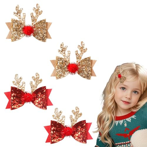 4 Stück Haarspangen Haarschmuck Weihnachten, Glitzer Fliege Haarnadeln, Gold/Rot Rentier Weihnachtshaarschmuck, Kinder Erwachsene Mädchen für Weihnachts Party Accessoires