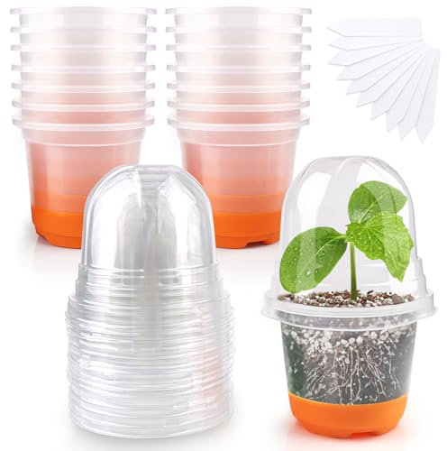 Kalolary 15P Nursery Plant Pots with 15 Humidity Dome, 4 Transparent Plant Pot with Silicone Base for Easy Transplant Seedling Planting Pots with 10pcs Plant Labels for Indoor Outdoor Garden (Orange)