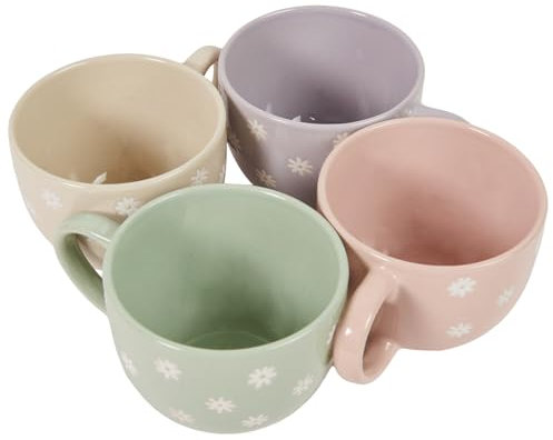 New Charming and Stylish Multicolour Daisy Design Pack of 4 Daisy Mugs Microwave and Dishwasher Safe Tea Coffee Cups Any Modern Kitchen Decor - N3
