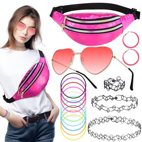 Camptrip 90er Jahre Outfit Damen Accessoires Set Festival Outfit Damen, Rosarote Bauchtasche, Herzbrille Rosa, Ohrringe, Tattoo Kette, Neon Accessoires