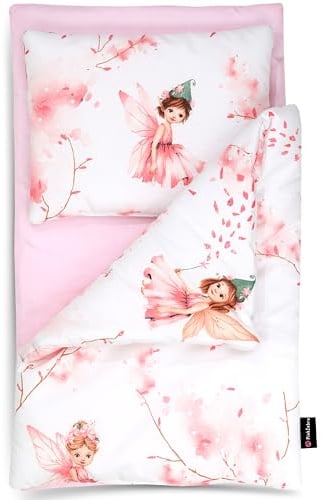 PinkZebra 3-teilig mini Bettwäsche, Decke(30 x 40 cm) + Kissen(20 x 25 cm) + Matratze(28 x 50 cm), klein Bettzeug mit Matratze, Bettwäsche aus Baumwolle für mini Bett, Rosa Fee