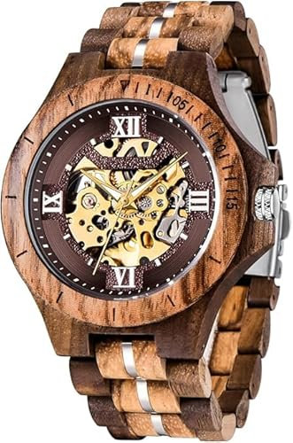 Tiong Rotes braunes vierstelliges Zifferblatt Männer Holzuhr Hohle automatische Uhr mechanische Holzuhr Herrenuhr