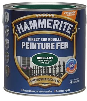 Hammerite Peinture Métal Direct sur Rouille - Anticorrosion, imperméable, direct sans sous-couche - Vert Basque RAL 6005 Brillant 2,5 L
