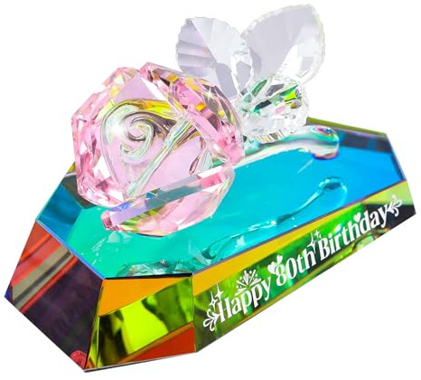 Arikyrist Multicolor Crystal Rose Figurines 80th Birthday Gifts for Women, Glass 80 Years Old Birthday Presents Ideas for Mum Grandma Decorative Glass Flower Ornaments for Home Living Room Party