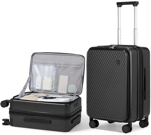 mixi Erweiterbares Handgepäck, Polycarbonat, Hartschalenkoffer, Öffnung oben, Rollkoffer mit Spinnrollen und TSA-Schloss, Schwarz, 20-inch
