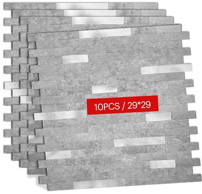 Selbstklebende Mosaikfliesen Hexagon 29x29cm – 10 Stück – PVC Aluminium Fliesenaufkleber – Küchenrückwand Wandfliesen Bad Küche – Wasserdicht, Modern, 3D Optik (Stein - Silber)