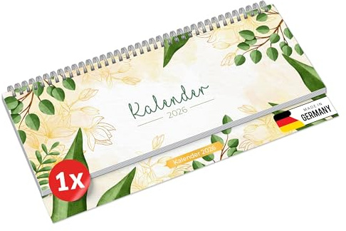PRIMUS PRINT Tischkalender 2026 Quer Wochenkalender – 112 Seiten Terminkalender und Jahreskalender – 297x130mm – 75g Naturpapier, Drahtkammbindung, Feiertage und Schulferien - [Einzeln - Grün-Gold]