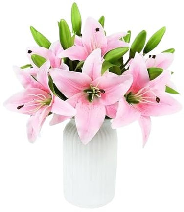 Generico 5 pezzi 38 cm fiori artificiali di giglio bianco for feste, bouquet da sposa, piante finte for soggiorno, casa, giardino, decorazione, tocco reale(Rosa)