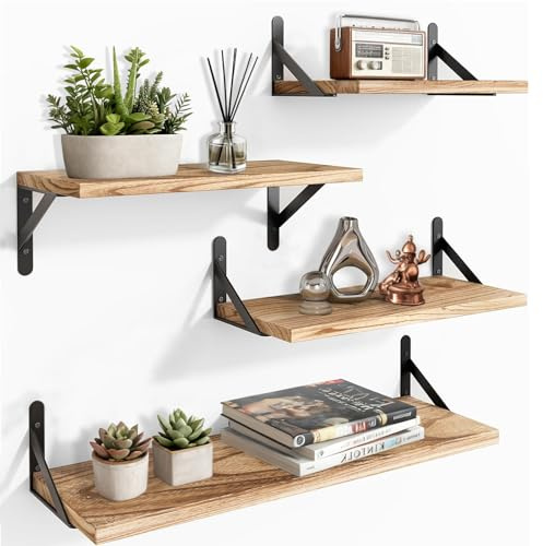 TempFoo Floating Shelves for Wall Mounted Shelf, Kitchen Bedroom 4pc | Wooden Rustic Shelfs for Walls, Long Wood Shelving Display Book Picture Small Trinket, Room Living Room Office Bathroom Décor