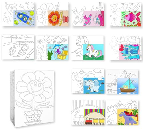 24 Stück Vorgezeichnete Leinwand zum Malen im Bulk, Kinder Mal-Leinwände mit Vorlagen zum Bemalen, Geschenke zum Kindertag, Geburtstag, Party, Schulanfang und Familienzeit, 12 Designs (20 x 15 cm)