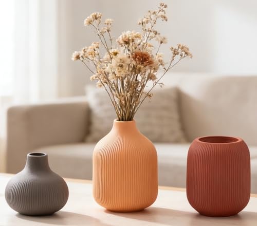 VASETOPIA Keramik Vase 3 Stück, Nordischer Boho Blumenvasen Home Decor für Pampasgras, Bücherregal, Flur (15 Rotbraun/Orange/Grau)