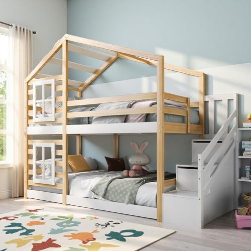 JYNVO Hochbett für Kinder 90x200 cm mit Schublade und Rausfallschutz, Kinderbett Baumhaus, aus massivem Kiefernholz, Etagenbetten mit Treppe, EN 747 Zertifiziert, Doppelbett, Hochbett