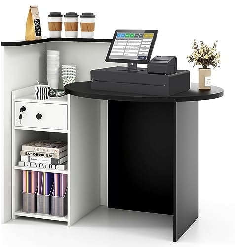 GYMAX L-förmiger Rezeptionstisch, 120 cm Empfangstheke aus Holz mit abschließbarer Schublade & verstellbarem Regal, Empfangstresen, Eck-Kassentisch für Salon, Geschäft & Büro