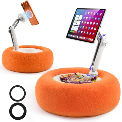 XAOVUIR Magnetische Tablet Kissen Halterung inkl. 2 Metallringen, Verstellbarer Kindle Kissenhalter für Bett mit Arm, Weicher Plüschbezug für iPad iPhone Kindle & Geräte von 4,7–13 Zoll, Cosmic Orange