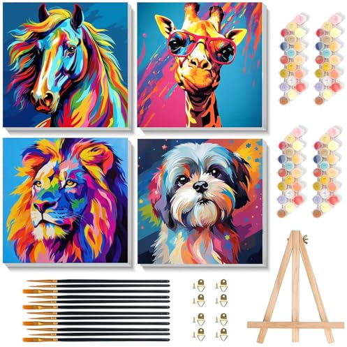 4 Stück Tier Malen Nach Zahlen Kinder mit Rahmen mit Holzstaffelei 20x20cm | Pferd Löwe Hund Malen Nach Zahlen Kinder ab 7 Jahren Acrylfarben mit als Geschenk