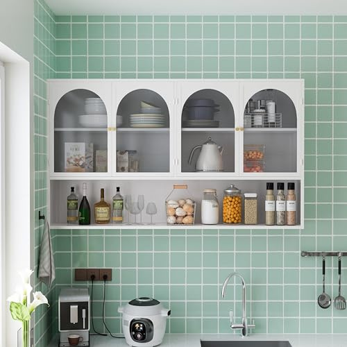 HaoChrymec 120CM Vier-Türiger Glas Wandregal Aufbewahrung, Wandmontiert, Geeignet für Küche, Wohnzimmer, Badezimmer, Weiß
