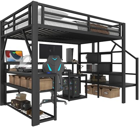 SOFTWEARY Hochbett mit RGB LED-Streifen, Schreibtisch, Regal, Lattenrost, Treppe, Rausfallschutz, Steckdosen und USB, Metallbett, Kinderbett (schwarz, 140x200 cm)