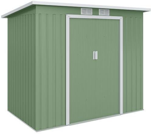 Outsunny Metall Gerätehaus 2,42 m² Doppelschiebetür 213x130x172 cm Grün | Abschließbar, Belüftung, Bodenrahmen, Geräteschuppen mit Pultdach, Wetterfestes Outdoor Gartenhaus, für Garten Hinterhof
