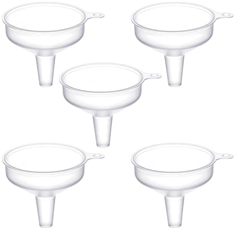 5 Pcs Small Funnel, Food Grade Plastic Clear Mini Funnel Refillable Cosmetic Containers Funnels for Lotion, Water, Essential Oils, Perfume, Shampoo, Conditions, Water Bottle, Kitchen, Lab & More