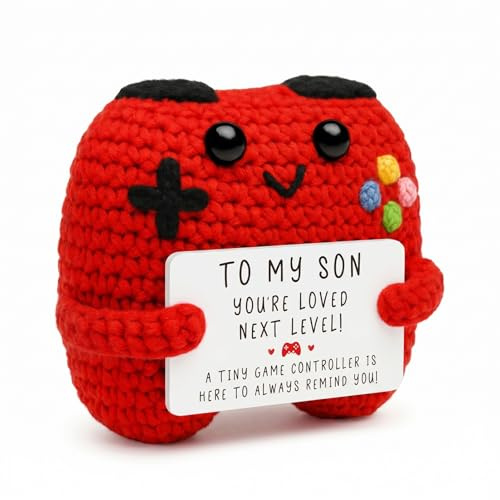 BOBPPOP Handmade Crochet Game Controller Plush with To My Son You Are Loved Next Level Card, Mini Amigurumi Gaming Desk Decor & Emotional Support Gift for Son, Stocking Stuffer