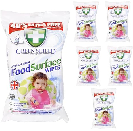 Green Shield Food Surface Wipes, Multi-Surface, Kitchen Cleaning, Powerful Formula, Ready-to-Use, Effective Coverage, Convenient Storage, Ideal for Homes, Dining Areas & Food Prep Zones (Pack of 6)