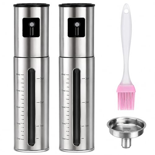 Pulverizador Aceite Inox Set 2PCS, 100ml Spray Aceite con Pincel Cocina | 2x Pulverizador aceite para aceite alimentario, dosificación precisa, con pincel silicona y embudo para cocina y barbacoa