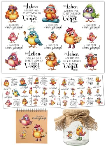 Rub On Sticker Lustige Vogel Sprüche Transferfolie Aquarell Set | Vogel Motiv Aufkleber mit Sprüchen ohne Kleberückstand für Glas, Holz, Metall, Keramik & Gips