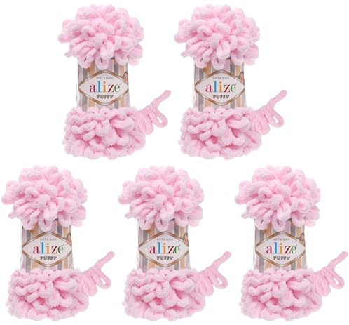 Alize Puffy 5 x 100 Gramm Strickwolle, 500 Gramm Fingerstrick - Wolle super Bulky, Schlaufenwolle, Stricken ohne Nadel (rosa 31)
